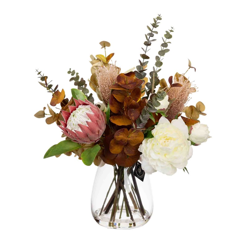 Dried Look Floral 62cm Mixed Artificial Faux Flower Plant Decorative Arrangement In Glass