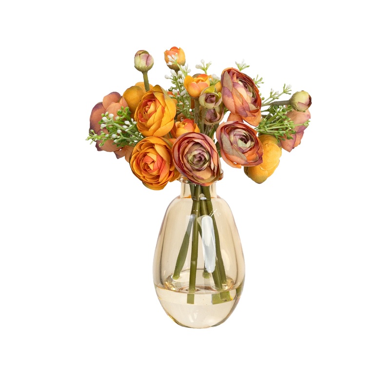 Orange Rununculus 20cm Mixed Artificial Faux Flower Plant Decorative Arrangement In Bud Vase