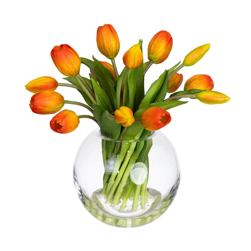 Orange Tulip Artificial Faux Flower Plant Decorative Arrangement In Fishbowl