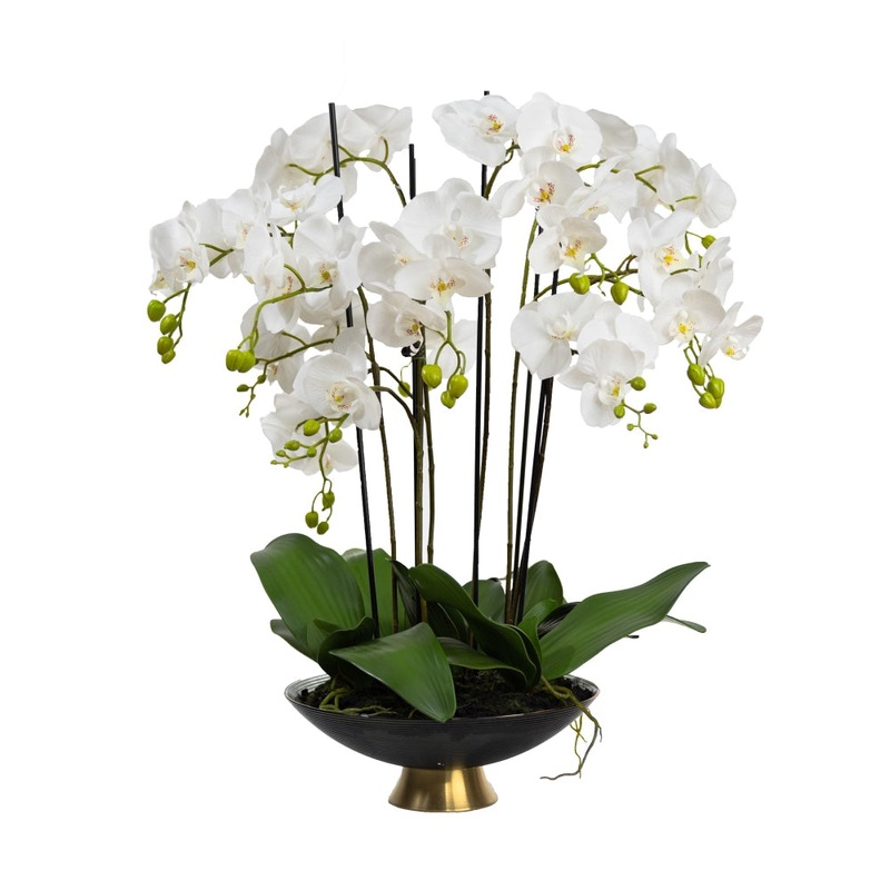Orchid 80cm Artificial Faux Plant Decorative Arrangement In Black & Gold Stripe Bowl
