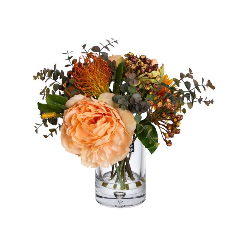 Peony & Banksia 30cm Peach Artificial Faux Plant Flower Decorative Mixed Arrangement In Glass