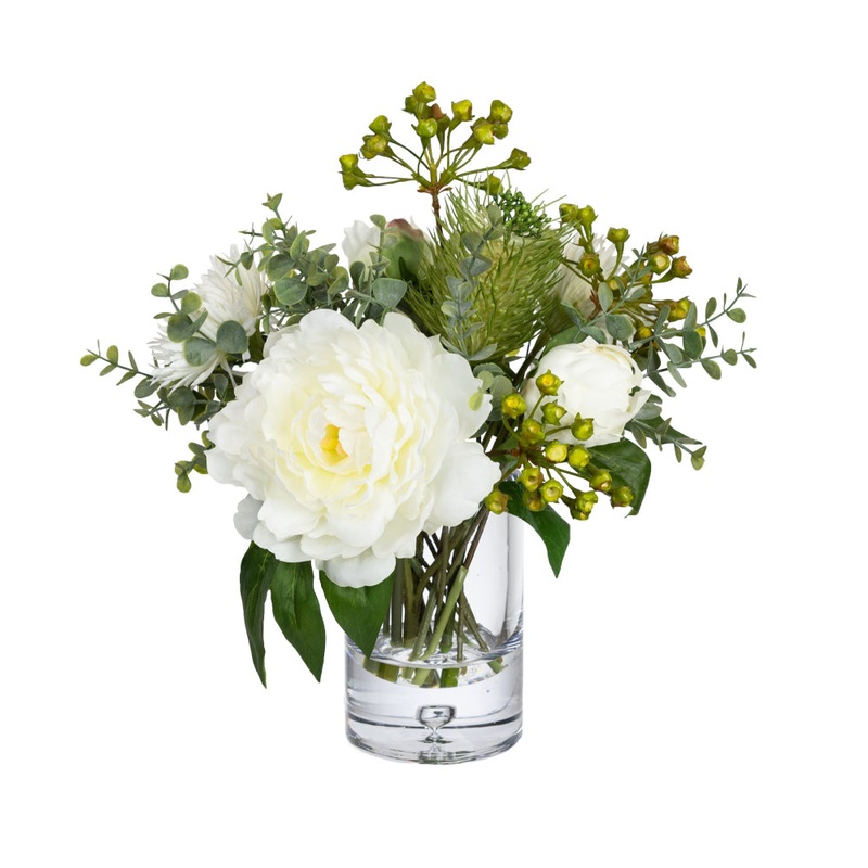 Peony & Banksia 30cm White Artificial Faux Plant Flower Decorative Mixed Arrangement In Glass
