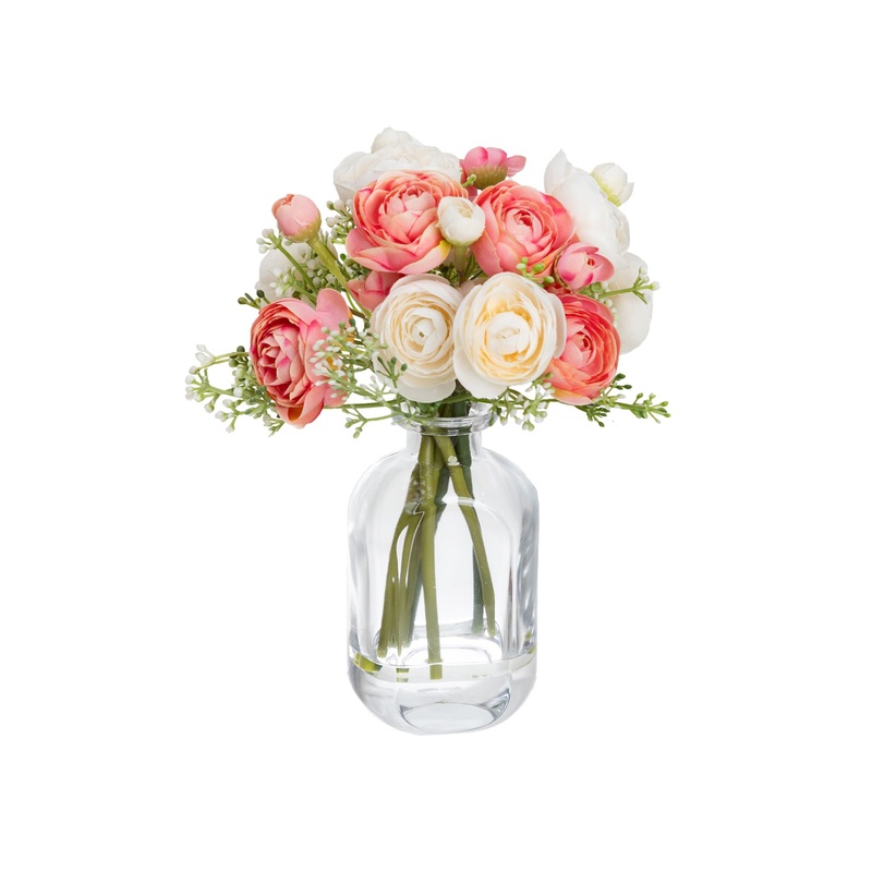 Pink Rununculus 20cm Mixed Artificial Faux Flower Plant Decorative Arrangement In Bud Vase