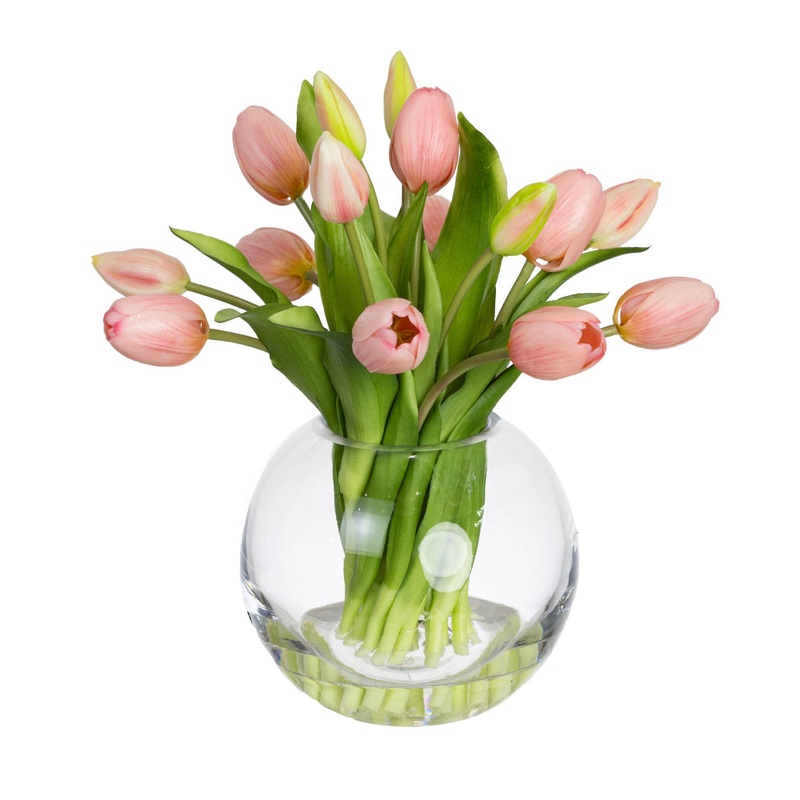 Pink Tulip 29cm Artificial Faux Flower Plant Decorative Arrangement In Fishbowl