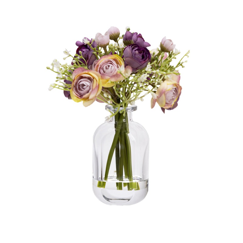 Purple Rununculus 20cm Mixed Artificial Faux Flower Plant Decorative Arrangement In Bud Vase