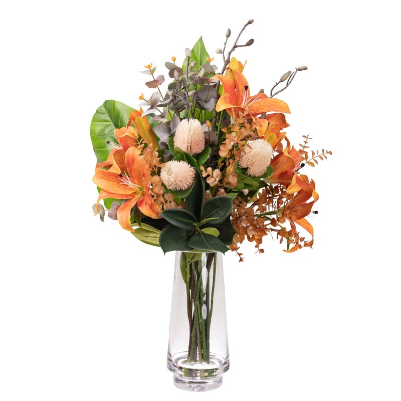 Real Touch Orange Lily 80cm Artificial Faux Plant Flower Decorative Mixed Arrngement In Vase
