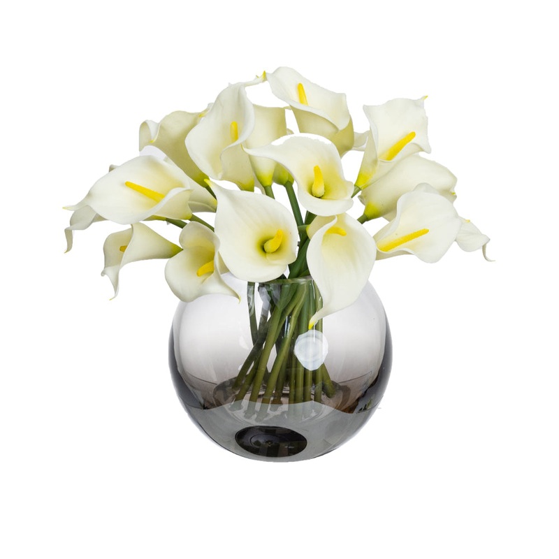 Real Touch White Calla Lily Artificial Faux Plant Flower Decorative In Fishbowl Vase