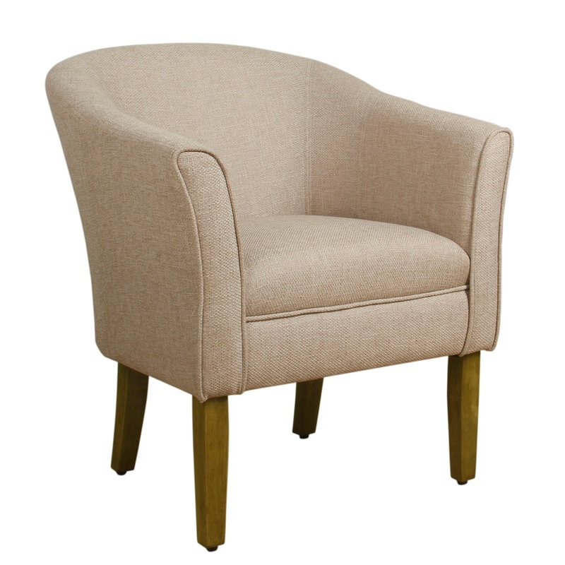Fabric Upholstered Wooden Accent Chair With Barrel Style Back, Cream And Brown By Benzara