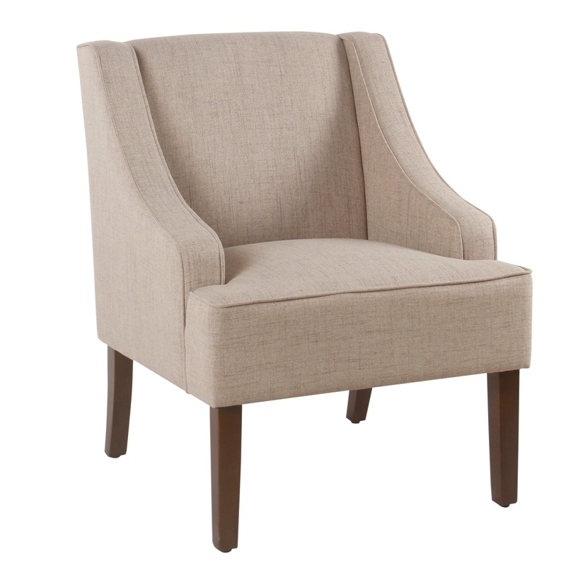 Fabric Upholstered Wooden Accent Chair With Swooping Armrests, Beige And Brown By Benzara