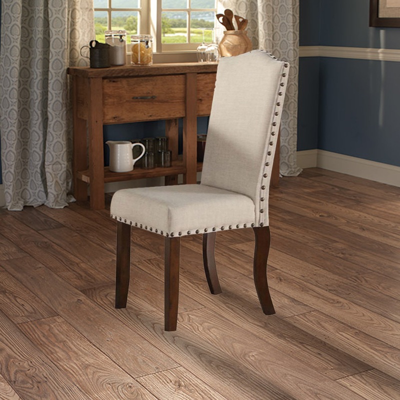 Rubber Wood Dining Chair With Nail Head Trim, Set Of 2, Brown And Cream By Benzara