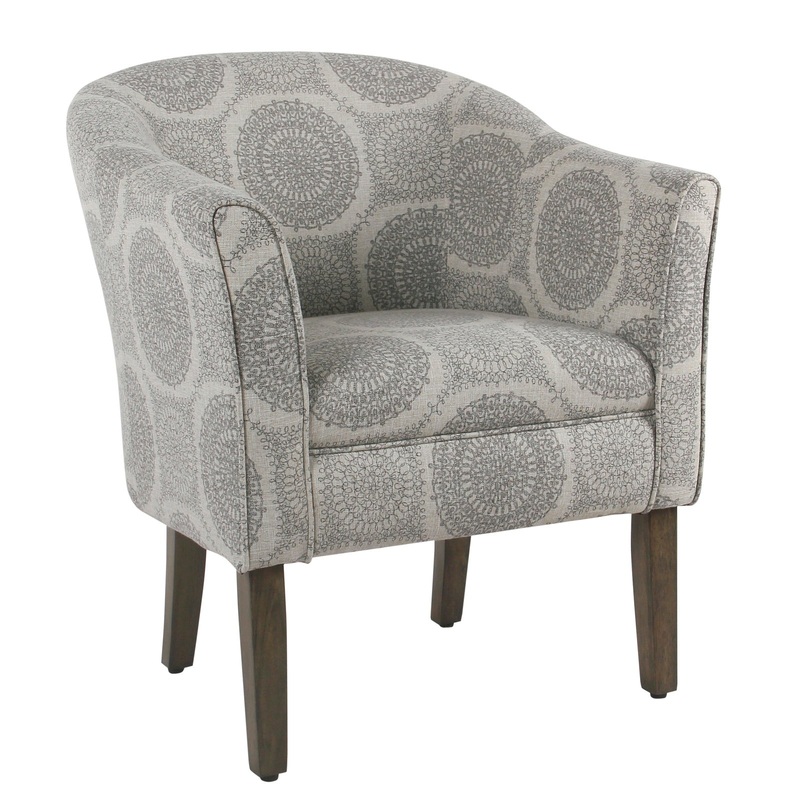 Wood And Fabric Barrel Style Accent Chair With Medallion Pattern, Gray And Brown By Benzara