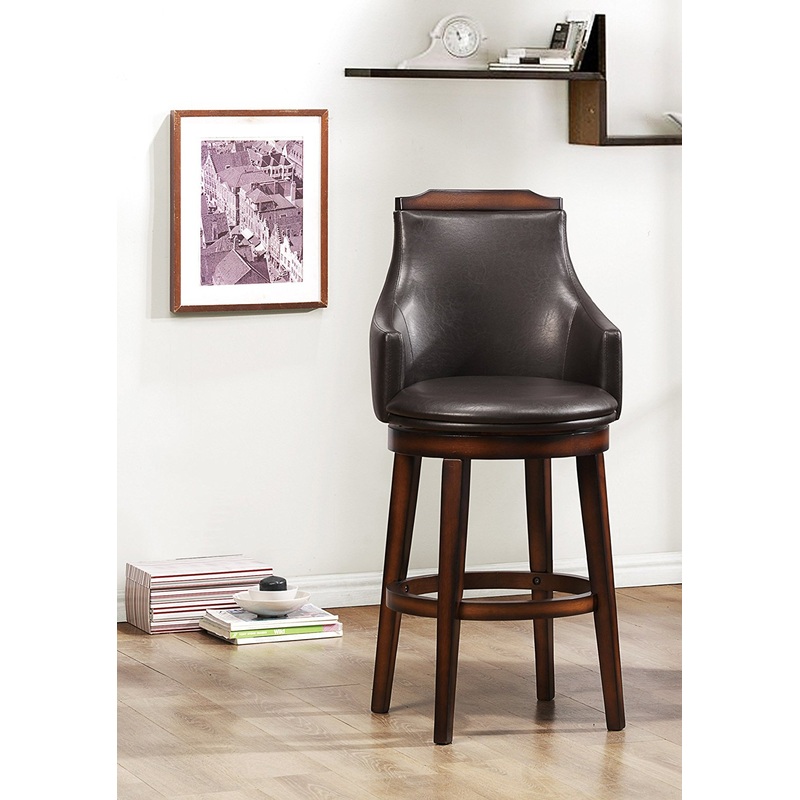 Wood & Leather Bar Height Chair With Swivel Mechanism, Oak Brown & Black, Set Of 2 By Benzara