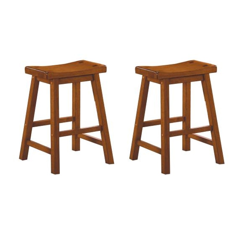 Wooden 24" Counter Height Stool With Saddle Seat, Oak Brown, Set Of 2 By Benzara