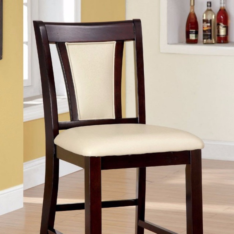 Wooden Counter Height Chair With Padded Seat And Back, Pack Of 2, Brown & Ivory By Benzara