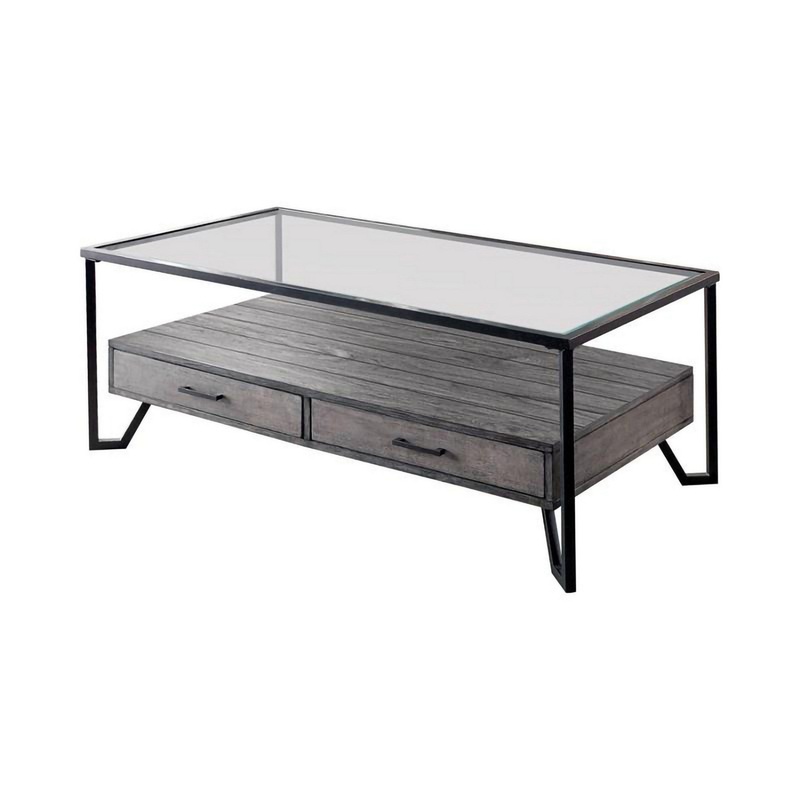48 Inch Metal Coffee Table With Glass Top And 2 Drawers Gray By Benzara
