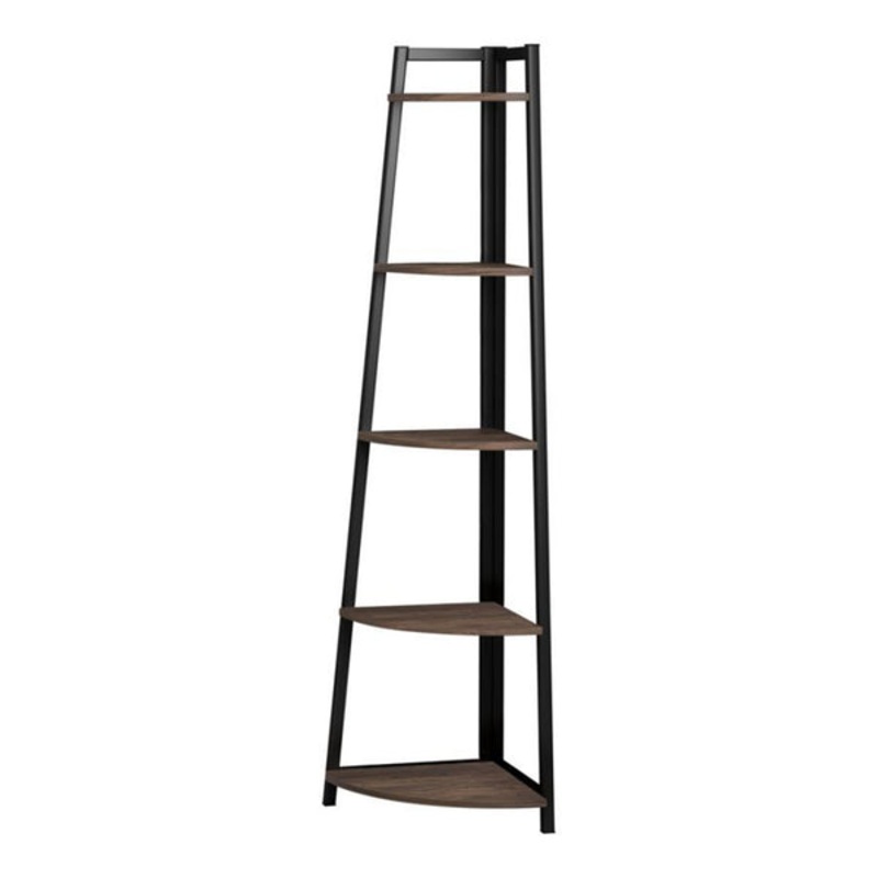 5 Tier Wooden Corner Bookcase With Metal Frame Brown And Black By Benzara