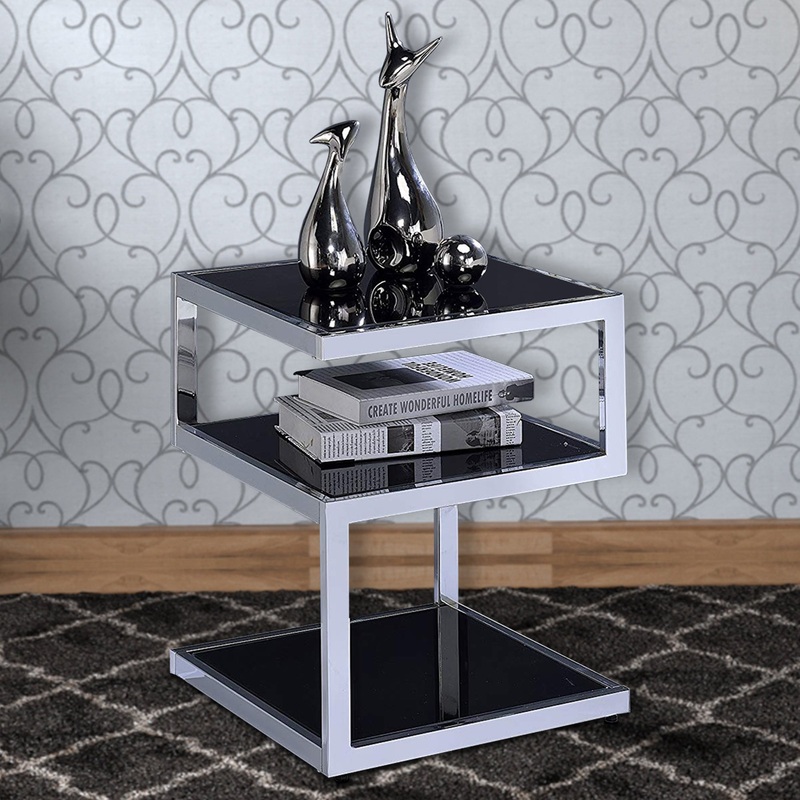 Alyea End Table, Black Glass & Chrome By Benzara