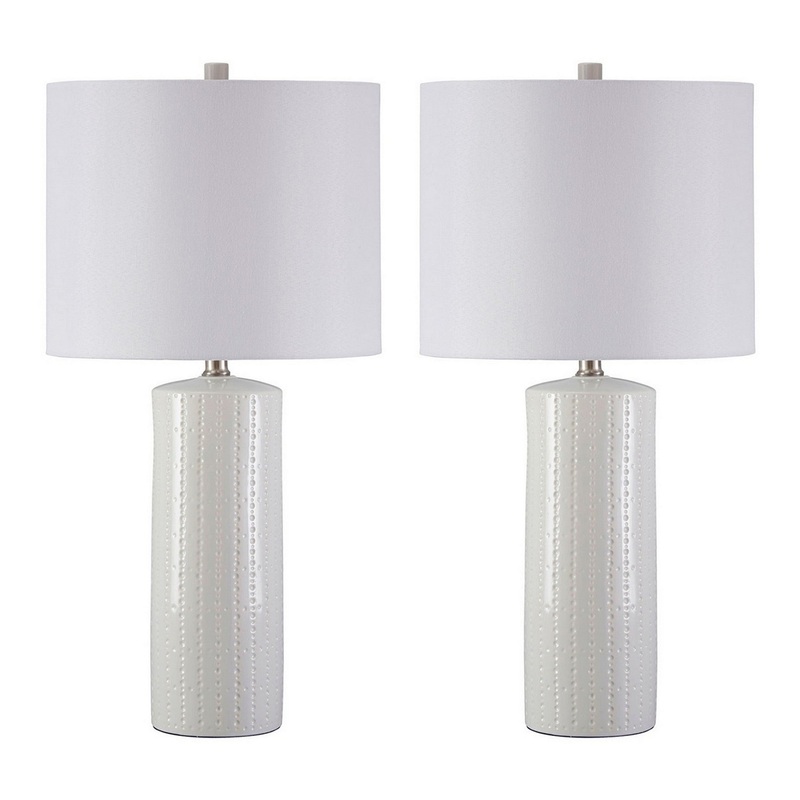 Carved Ceramic Base Table Lamp With Drum Shade Set Of 2 White By Benzara