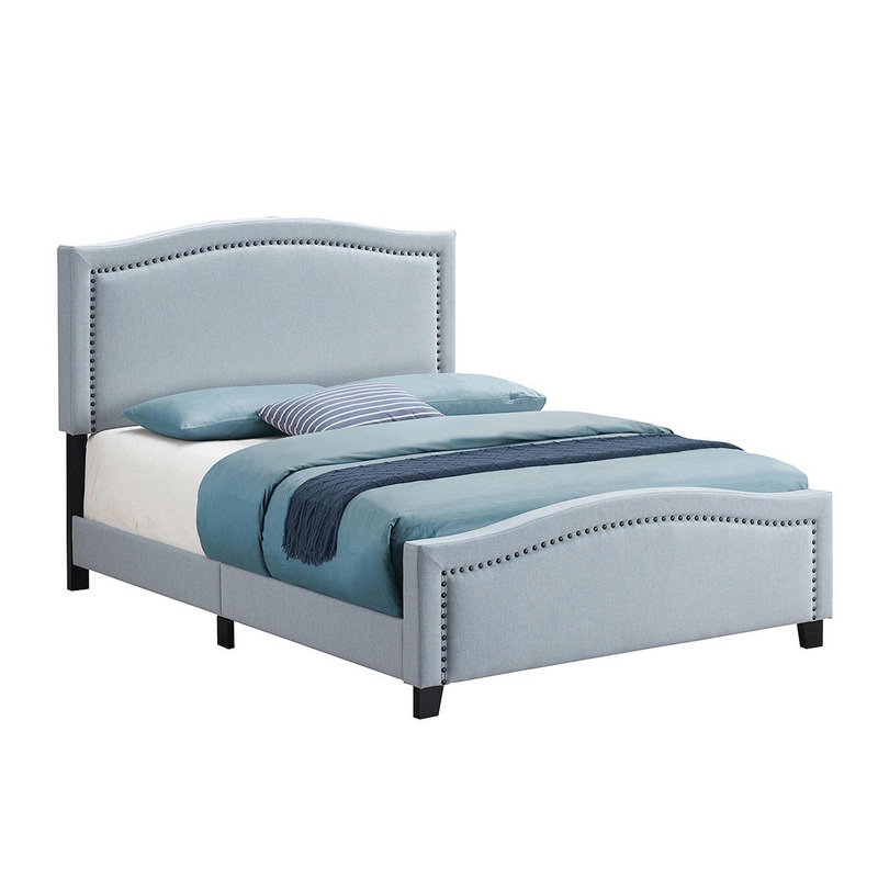 Fabric Upholstered Curved Design Queen Bed Blue By Benzara