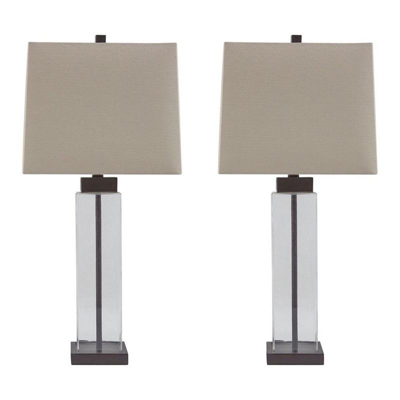 Glass And Metal Base Table Lamp With Square Shade Set Of 2 Clear And Gray By Benzara