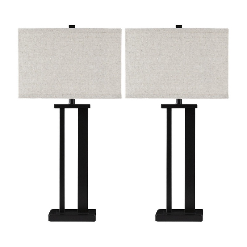 Metal Frame Table Lamp With Hardback Shade Set Of 2 Off White And Bronze By Benzara