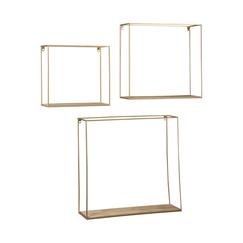 Metal Frame Wall Shelf With Keyhole Hanger Set Of 3 Gold By Benzara