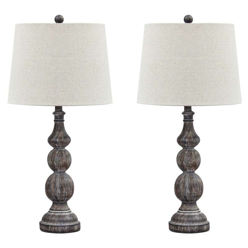 Polyresin Table Lamp With Turned Base Set Of 2 Brown And Off White By Benzara