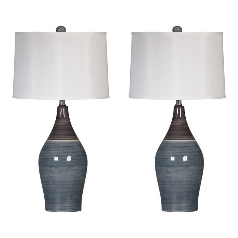 Pot Bellied Ceramic Table Lamp With Brushed DetailsSet Of 2 Gray And White By Benzara