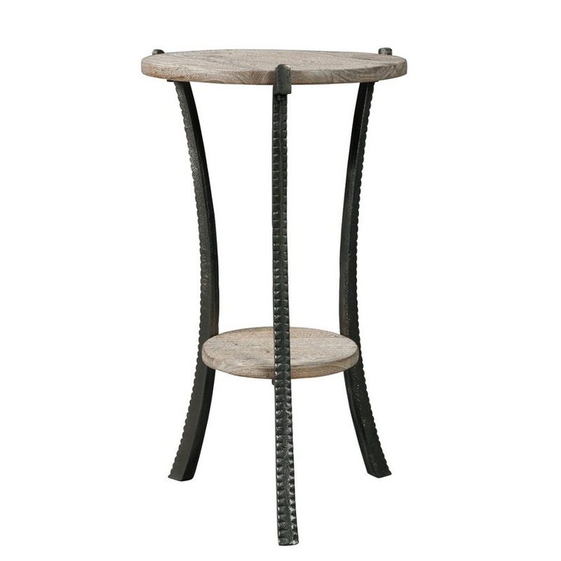 Round Wooden Top Accent Table With Flared Metal Legs Brown And Gray By Benzara
