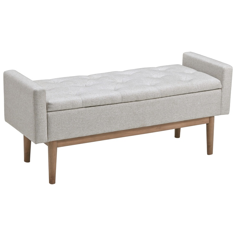 Tufted Fabric Storage Bench With Low Profile Elevated Arms Light Gray By Benzara
