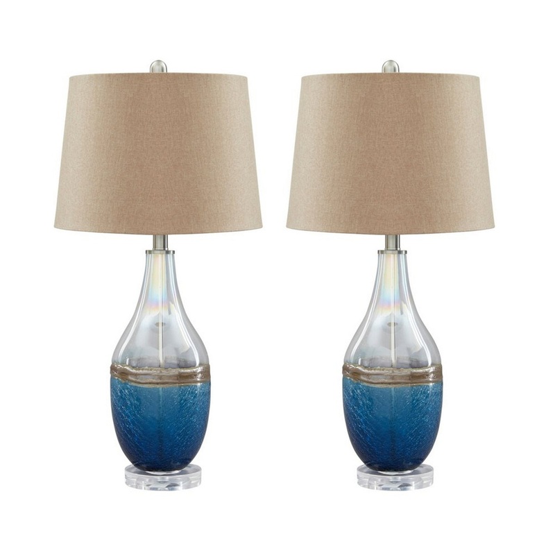 Vase Shape Frame Table Lamp With Fabric Shade Set Of 2 Beige And Blue By Benzara