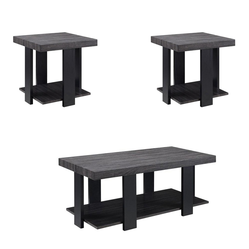 Wood And Metal 3 Piece Cocktail Table Set Gray And Black By Benzara