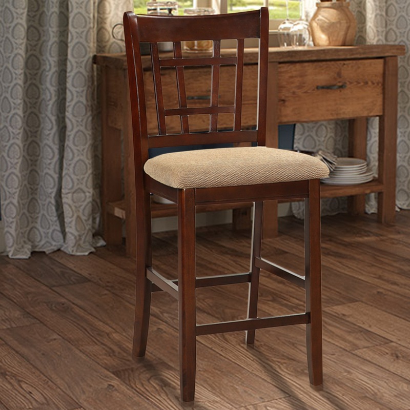 Wooden Counter Height Chair, Dark Brown & Cream, Set Of 2 By Benzara