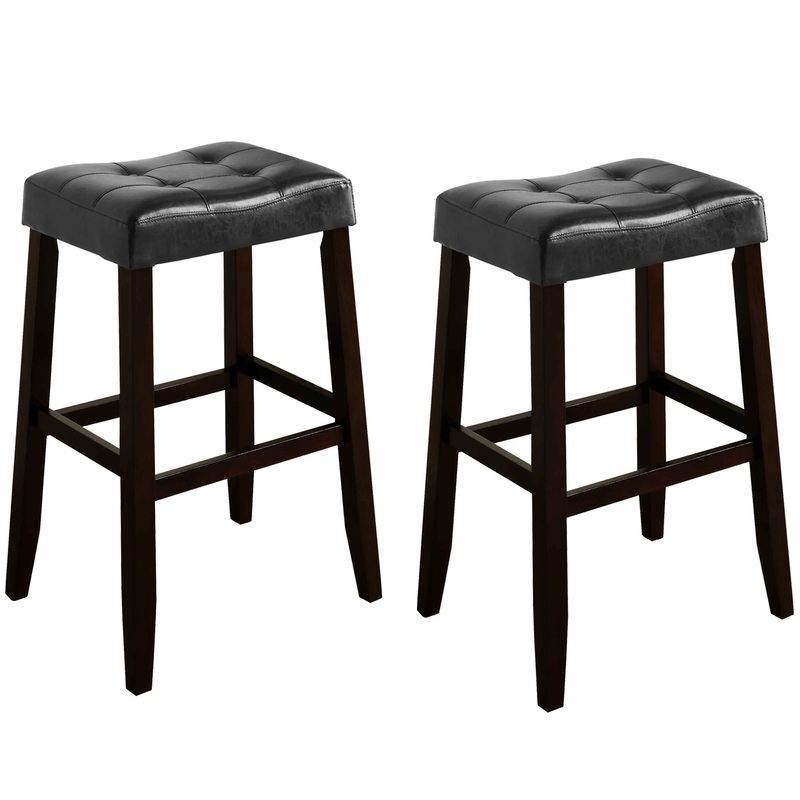 Wooden Stool With Saddle Seat And Button Tufting Set Of 2 Black And Brown By Benzara