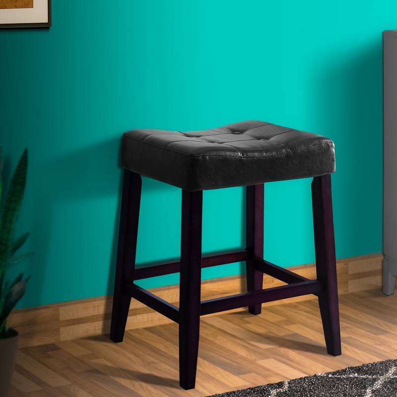 Wooden Stools With Saddle Seat And Button Tufts Set Of 2 Black And Brown By Benzara