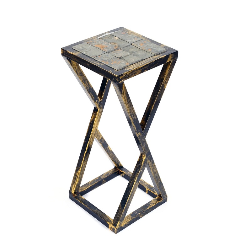 19.5 Inches Stone Top Plant Stand With Geometric Base Black And Gray By Benzara
