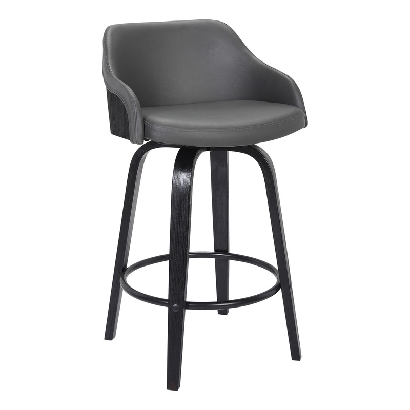 26 Inch Wooden And Leatherette Swivel Barstool Black And Gray By Benzara