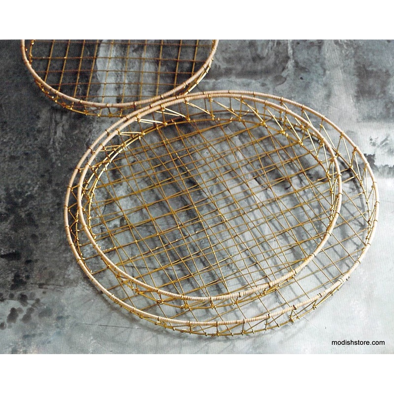 Roost Gio Brass Wire & Rattan Baskets - Round - Set of 3