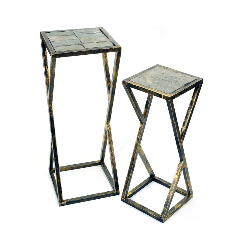 Stone Top Plant Stand With Geometric Base Set Of 2 Black And Gray By Benzara
