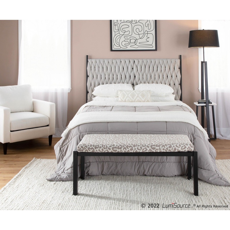 Fuji Contemporary Bench in Black Metal and Grey Leopard Fabric by LumiSource