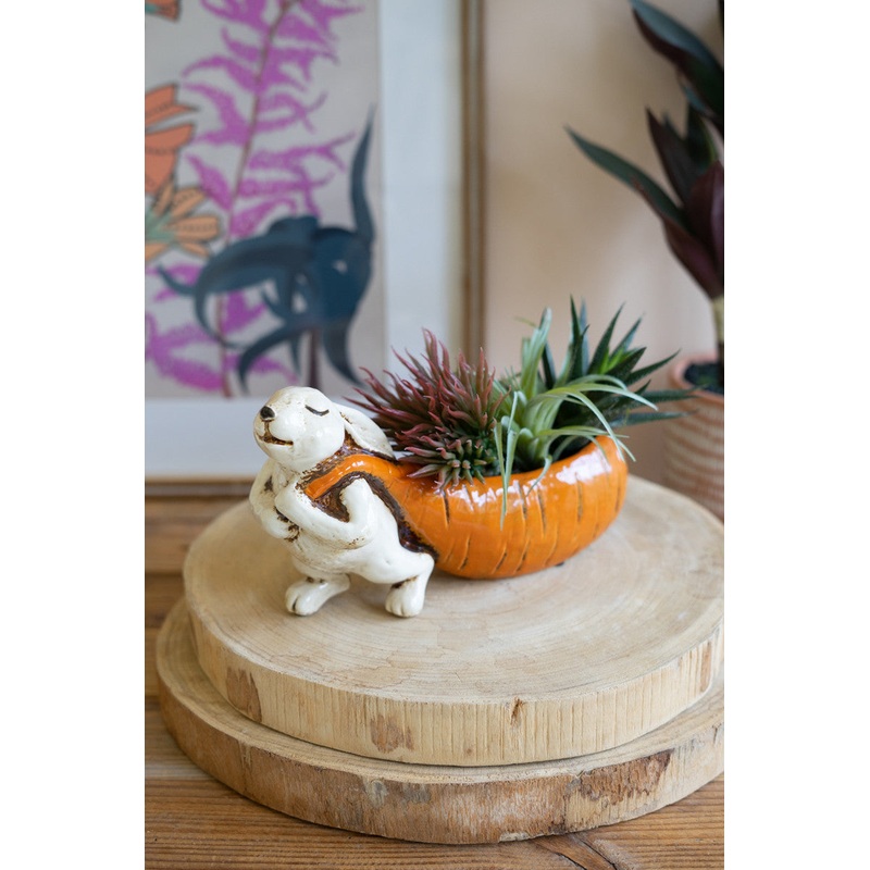 Ceramic Rabbit Pulling A Carrot Planter By Kalalou