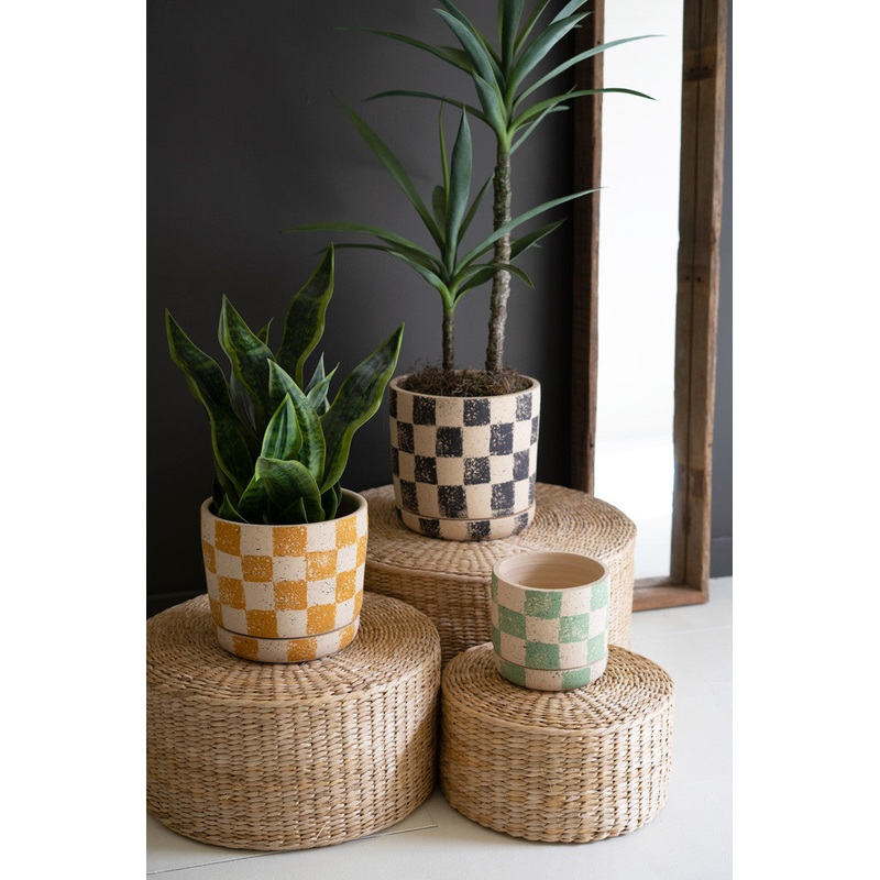 Checkered Clay Planters With Trays Set Of 3 By Kalalou