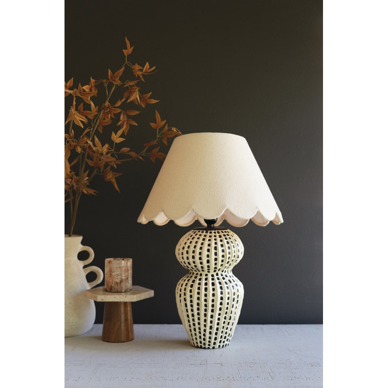 Paper Mache Lamp Base With Black Vertical Dots W Fabric Shade By Kalalou
