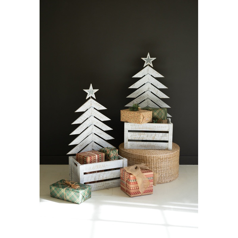 Recycled Distressed White Wooden Christmas Trees With Crate By Kalalou