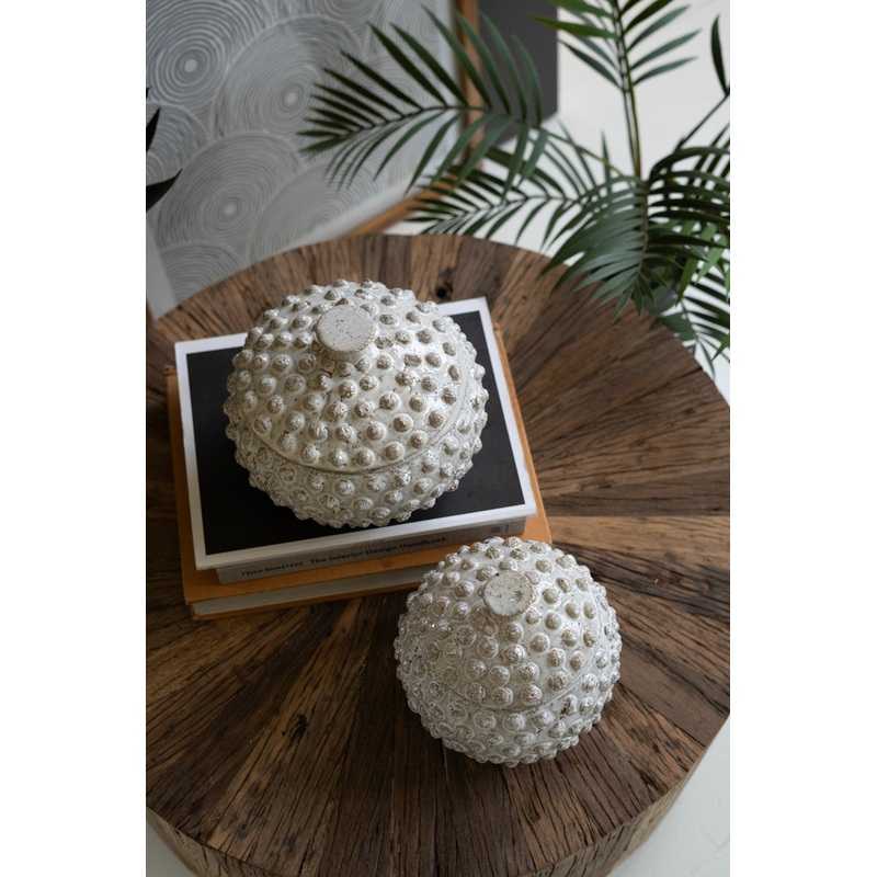Round Knobby White Ceramic Canisters - Sea Urchins Set Of 2 By Kalalou