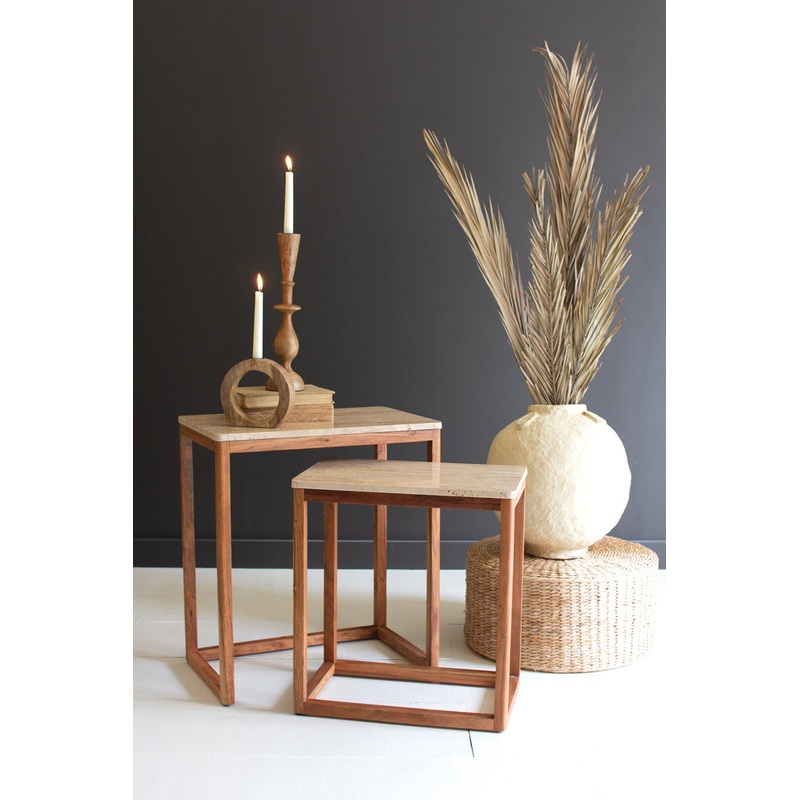 Set Of 2 Nesting Travertine Side Tables W Acacia Wood Bases By Kalalou
