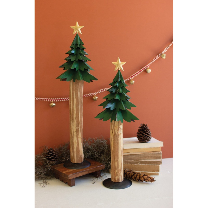 Set of 2 Recycled Painted Metal Christmas Trees W Wood Bases By Kalalou