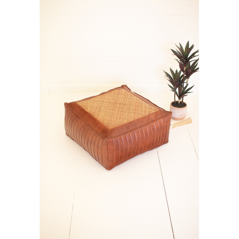 Square Pouf With Leather And Woven Cane By Kalalou