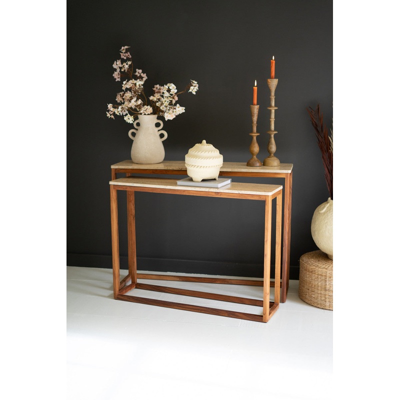 Travertine Console Tables With Wood Bases Set Of 2 By Kalalou