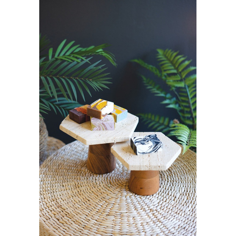 Travertine Display Pedestals W Mango Wood Bases Set Of 2 By Kalalou